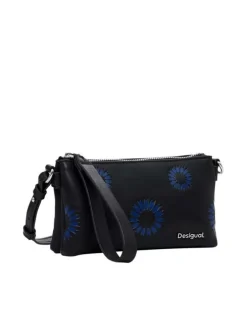 Mini sac à main noir avec fleurs bleues embossées, fermeture zippée et logo