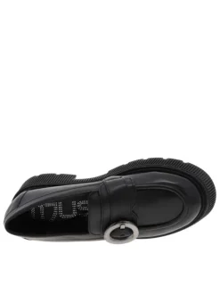 Mocassins en cuir noir à semelle chuncky rainurée à talon décroché moyen