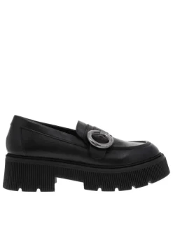 Mocassins en cuir noir à semelle chuncky rainurée à talon décroché moyen