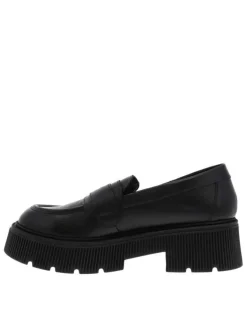 Mocassins en cuir noir à semelle chuncky rainurée à talon décroché moyen