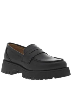 Mocassins en cuir noir à semelle plateau et coupe bateau à enfiler