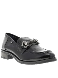 Mocassins en cuir noirs vernis avec semelle à talon plat et strass