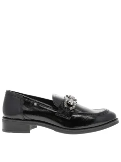 Mocassins en cuir noirs vernis avec semelle à talon plat et strass