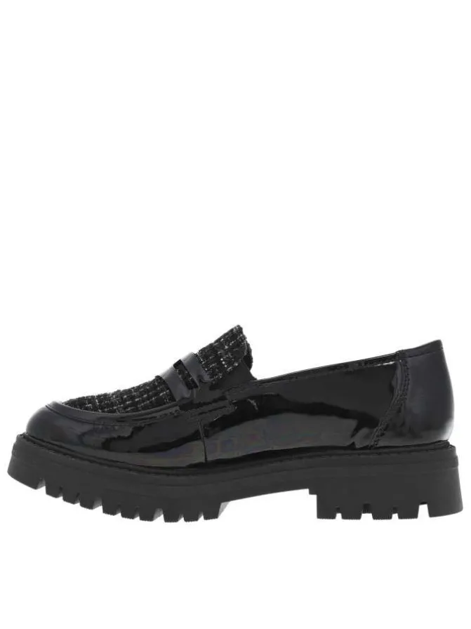 Mocassins en vernis noir à talon plat et incrustation de fils brillants