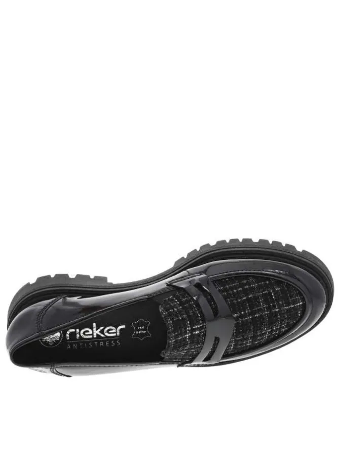Mocassins en vernis noir à talon plat et incrustation de fils brillants