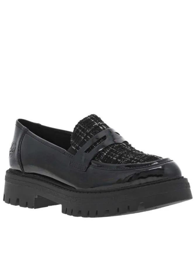 Mocassins en vernis noir à talon plat et incrustation de fils brillants