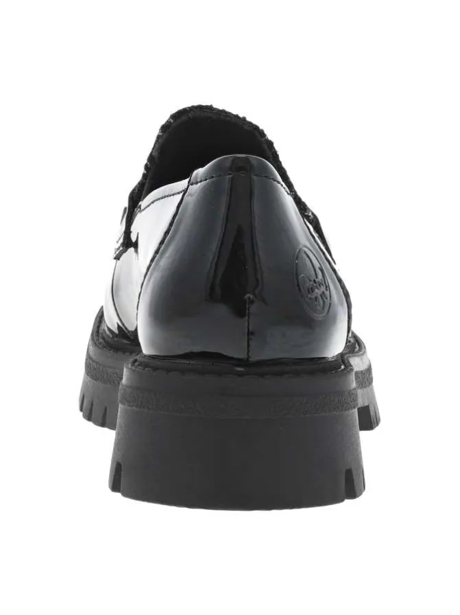 Mocassins en vernis noir à talon plat et incrustation de fils brillants
