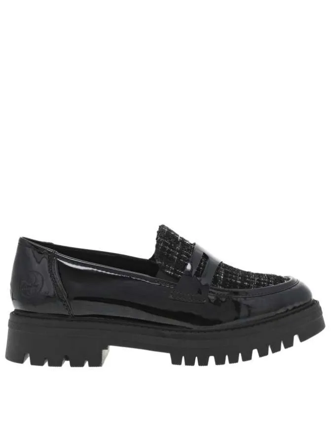 Mocassins en vernis noir à talon plat et incrustation de fils brillants