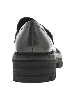 Mocassins gris vernis effet fumé avec dessin sur l'empeigne à talon compensé bas