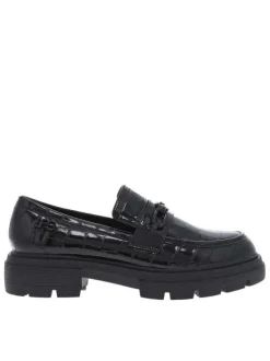 Mocassins noir effet crocodile à talon décroché bas et à slip-on