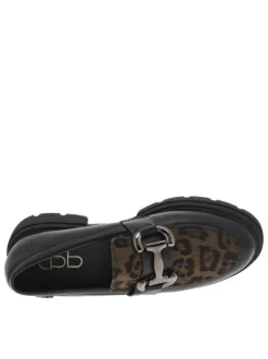 Mocassins noirs à talon décroché bas avec boucle décorative et imprimé léopard