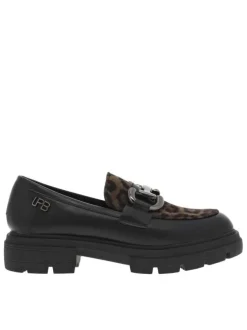 Mocassins noirs à talon décroché bas avec boucle décorative et imprimé léopard