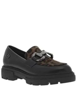 Mocassins noirs à talon décroché bas avec boucle décorative et imprimé léopard