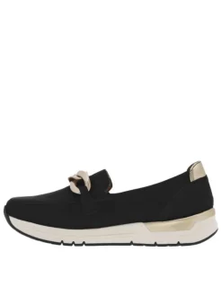 Mocassins noirs à talon plat avec empiècements dorés et chaîne bronze