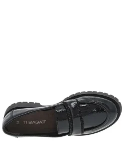 Mocassins noirs vernis à semelle à talon plat et bande strass à l'avant