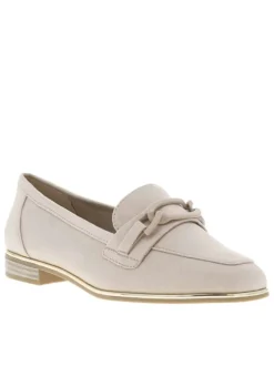 Mocassins taupe à talon décroché bas avec trépointe dorée et boucle beige