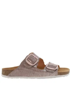 Mule en cuir froissé mauve vernis à semelle compensée et boucles à ardillon