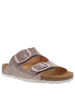 Mule en cuir froissé mauve vernis à semelle compensée et boucles à ardillon