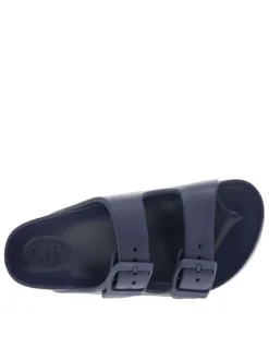 Mules bleu marine avec un talon plat et deux boucle à ardillon