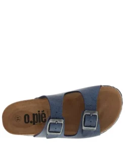 Mules bleues avec boucles à ardillon et un aspect liège autour de la semelle