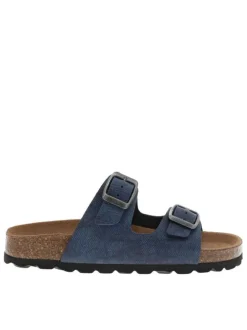 Mules bleues avec boucles à ardillon et un aspect liège autour de la semelle