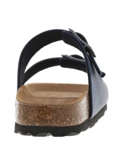 Mules bleues avec boucles à ardillon et un aspect liège autour de la semelle