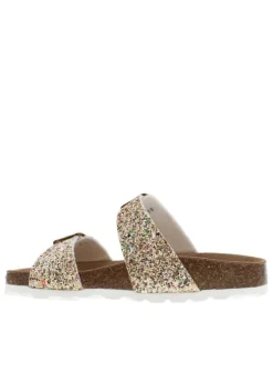 Mules dorées avec des sequins multicolores et 2 boucles à ardillon