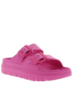 Mules fuchsia à talon plat avec des boucles à ardillon ton sur ton