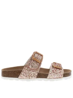 Mules rose avec 2 boucles à ardillon et des sequins sur les brides