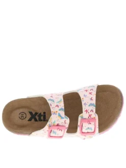Mules roses avec 2 boucles à ardillon et un imprimé papillons