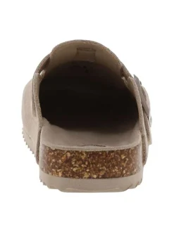 Mules taupe avec un talon plat et une fermeture à boucle à ardillon