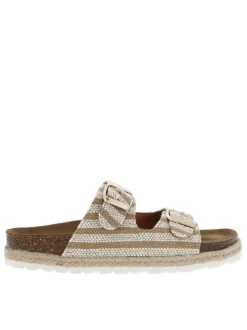 Mules beiges et blanches avec deux boucles à ardillon dorées