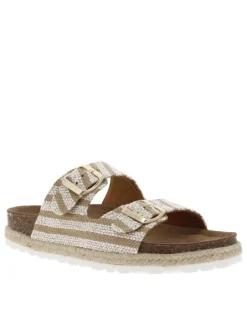 Mules beiges et blanches avec deux boucles à ardillon dorées