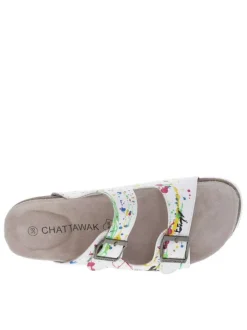 Mules blanches avec des taches de peinture multicolores et à boucles à ardillon