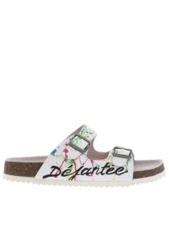 Mules blanches avec des taches de peinture multicolores et à boucles à ardillon
