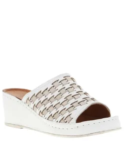 Mules blanches avec empiècements beiges en cuir à talon compensé haut