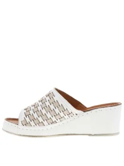 Mules blanches avec empiècements beiges en cuir à talon compensé haut