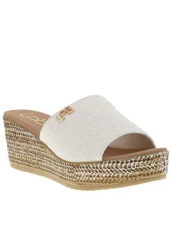 Mules blanches et taupe à talon compensé texturé avec bout ouvert