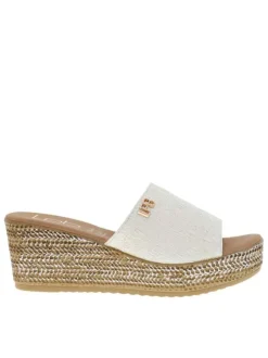 Mules blanches et taupe à talon compensé texturé avec bout ouvert