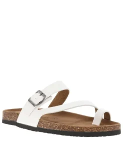 Mules blanches ouvertes à sangles avec une boucle à ardillon et à talon plat
