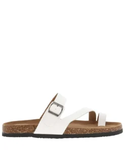 Mules blanches ouvertes à sangles avec une boucle à ardillon et à talon plat