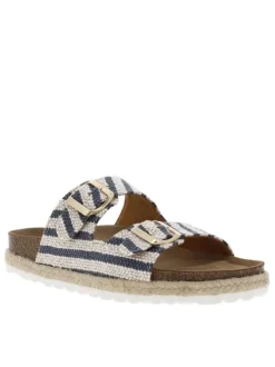Mules bleues et blanches avec deux boucles à ardillon dorées