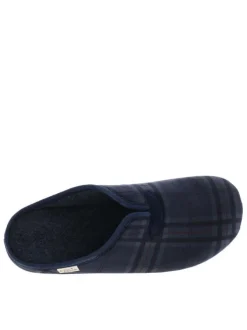 Mules bleues marine avec un talon plat et imprimé à carreaux