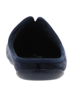 Mules bleues marine avec un talon plat et imprimé à carreaux