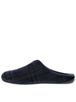 Mules bleues marine avec un talon plat et imprimé à carreaux