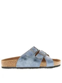 Mules bleues à semelle compensée bas et une fermeture à boucle à ardillon