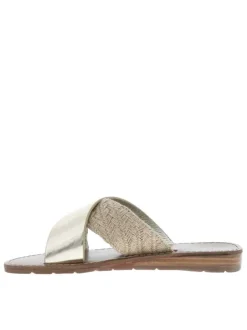 Mules Brana dorées avec un talon compensé bas et brides entrecroisées
