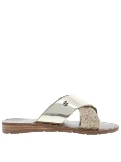 Mules Brana dorées avec un talon compensé bas et brides entrecroisées