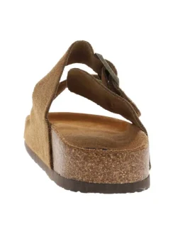 Mules camel en cuir avec un talon plat et deux boucles à ardillon
