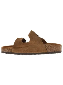 Mules camel en cuir avec un talon plat et deux boucles à ardillon